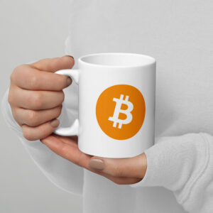 Weiße, glänzende Tasse für Bitcoin Fans